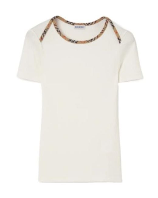 Burberry White Check Trim Stretch Cotton T-Shirt