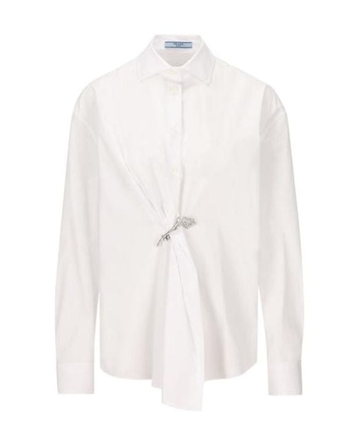 Prada White Gathered Button-Up Poplin Shirt