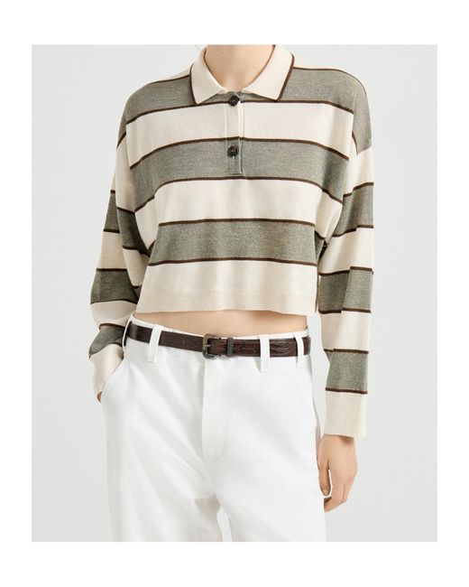 Brunello Cucinelli White Sparkling Striped Cropped Knit Polo Shirt