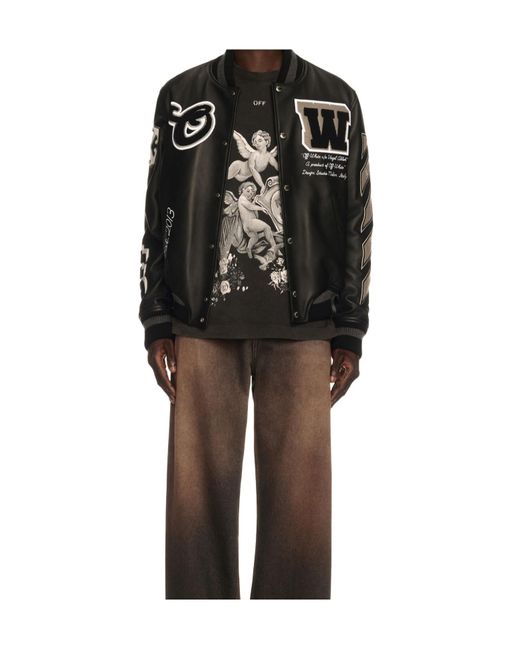 Off-White c/o Virgil Abloh Black Leather Varsity Jacket for men