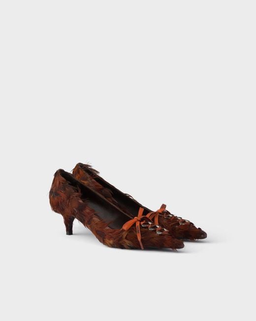 Prada Brown Feather-Embellished Satin Pumps