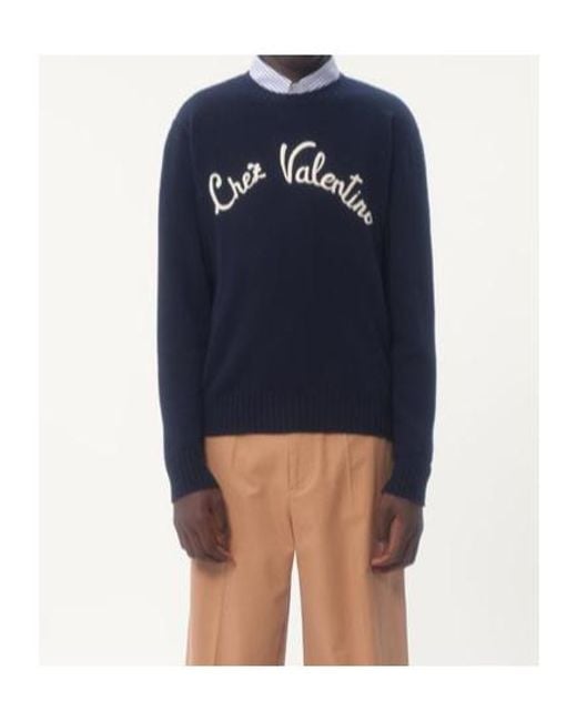 Valentino Blue Chez Embroidered Crewneck Jumper for men