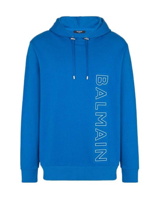Balmain Blue Embossed Hooded Sweatshirt for men