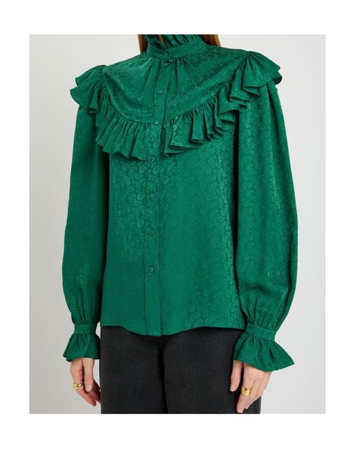 Saint Laurent Green Paisley-Jacquard Silk Blouse