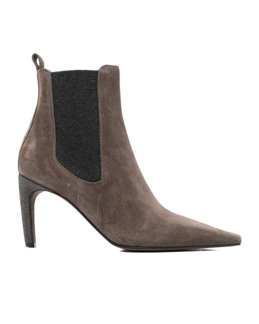 Brunello Cucinelli Brown Monili-Embellished Suede Ankle Boots