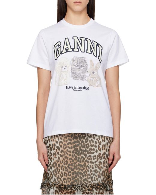 Ganni White Animal Printed T-Shirt