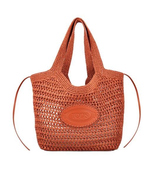 Tod's Red Woven Logo Raffia Shoulder Bag