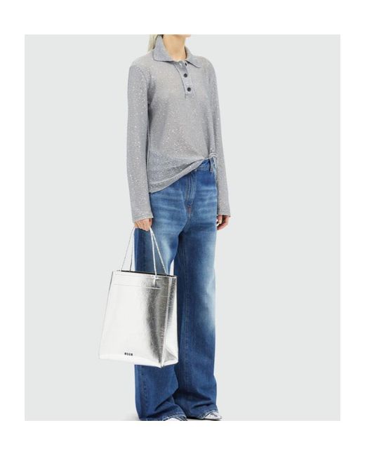 MSGM Gray Long Sleeved Sequin Embellished Knit Polo Top