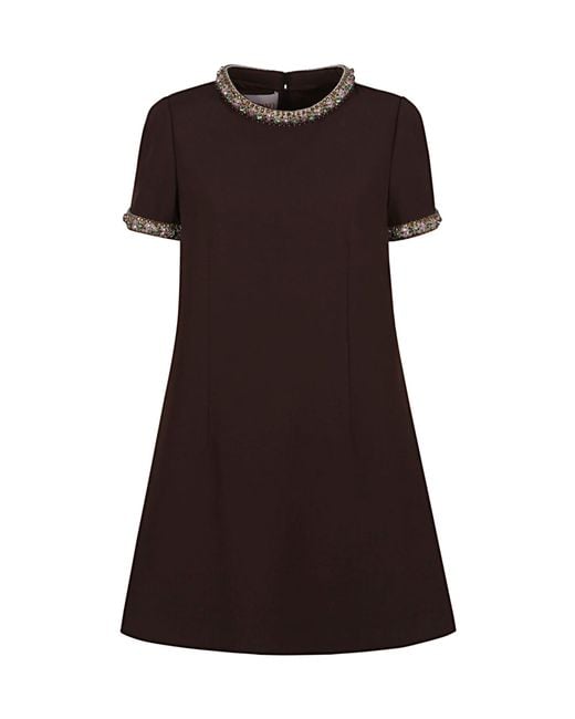 Valentino Brown Embellished Crewneck Short-Sleeved Mini Dress
