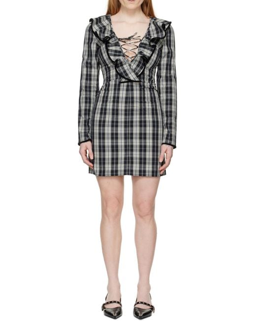 Ganni Black Checkered Cotton Ruffle V-Neck Mini Dress