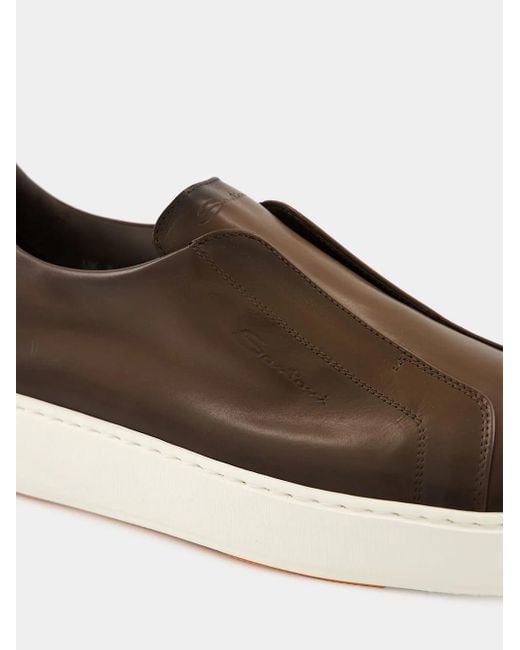 Santoni Brown Round Toe Slip-On Sneakers for men