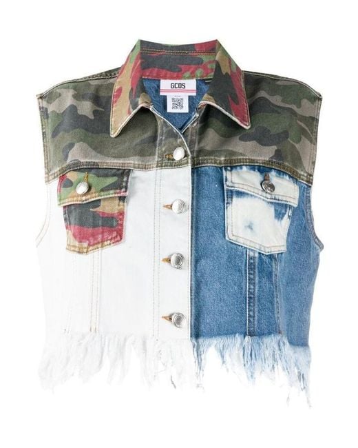 Gcds Blue Patchwork Cropped Denim Vest