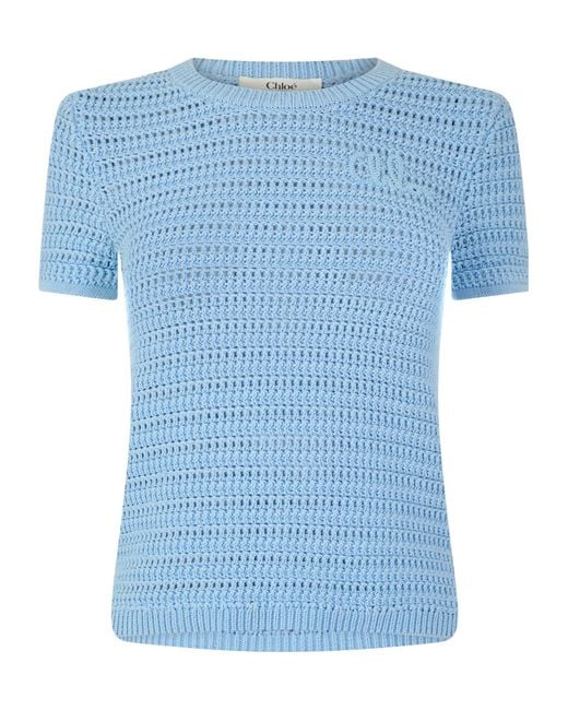 Chloé Blue Open-Knit Short-Sleeve Top