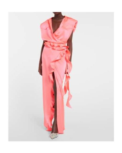 David Koma Pink Ruffle Satin Wrap Gown