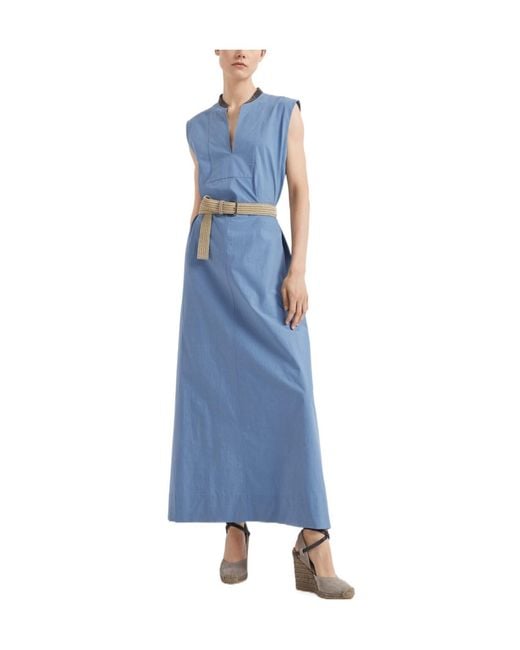 Brunello Cucinelli Blue V-Neck Sleeveless Belted Midi Dress