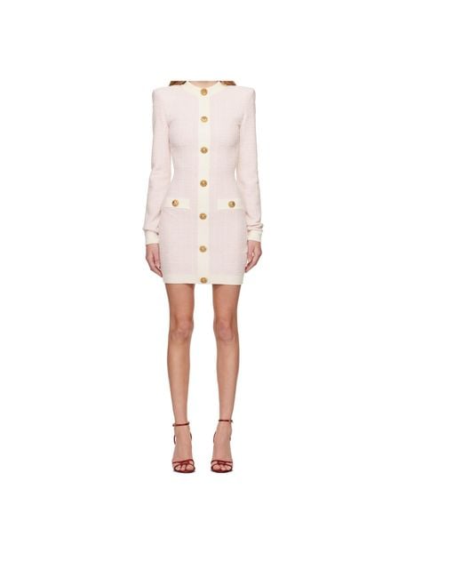 Balmain White Buttoned Tweed Mini Dress