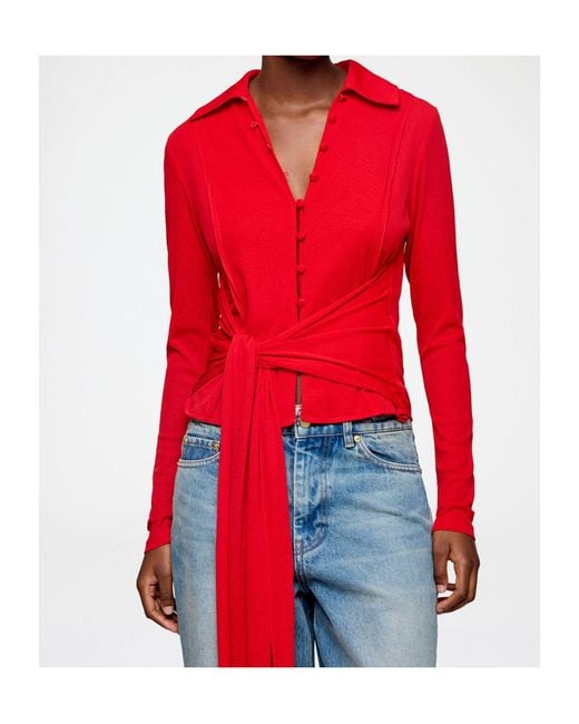 Ganni Red Draped Wrap Polo Top