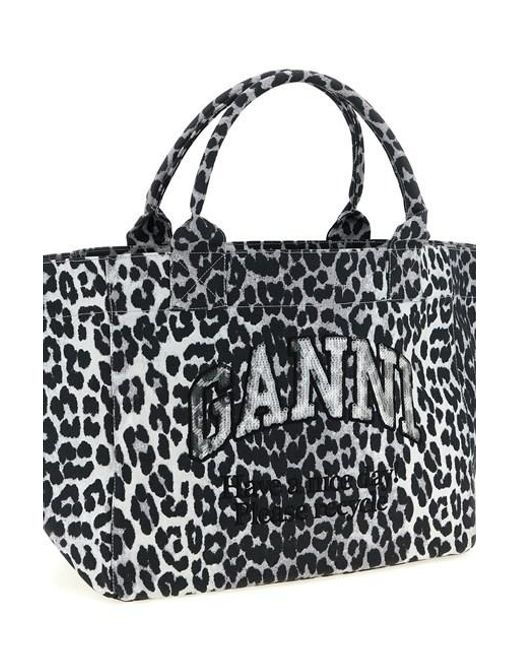 Ganni Black Leopard Printed Medium Tote Bag