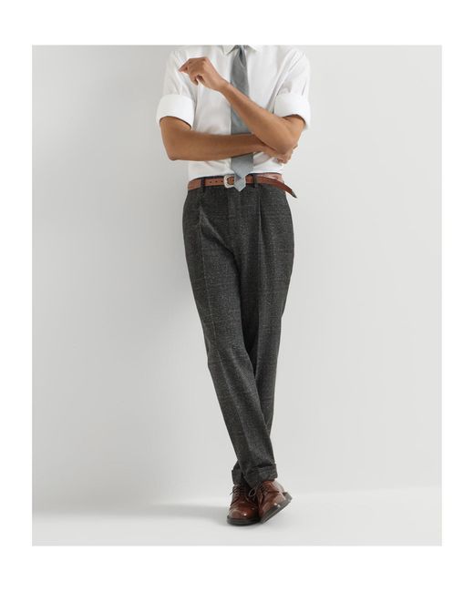 Brunello Cucinelli Gray Silk, Wool And Cashmere Prince Of Wales Flannel Trousers With Pleat for men