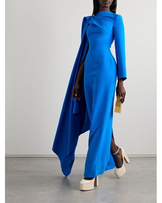 Solace London Blue Asymmetric Draped Crepe Gown