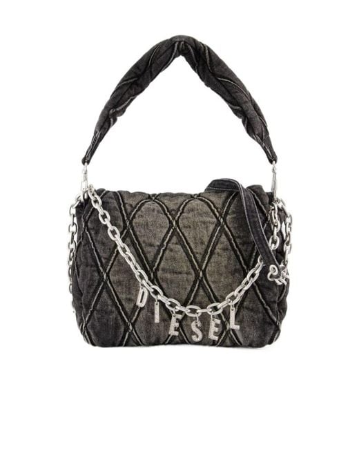 DIESEL Black Charm D Medium Denim Shoulder Bag