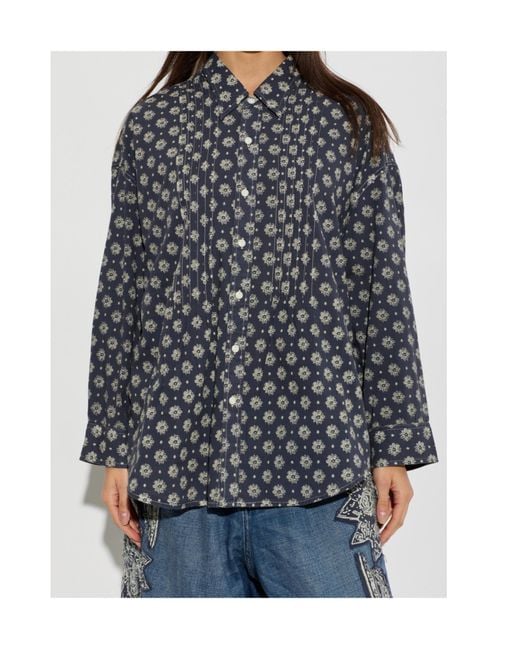 R13 Gray Pintuck-Details Drop-Neck Floral-Print Cotton Shirt
