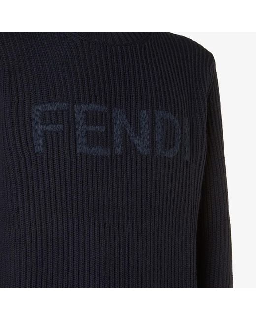 Fendi Blue Maxi Logo Ribbed Knitted Sweater for men