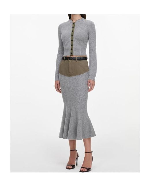 Self-Portrait Gray Knit Khaki Denim Insert Midi Skirt