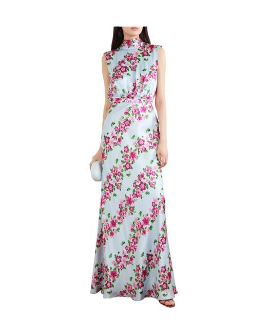 Saloni White Printed Satin Halterneck Gown