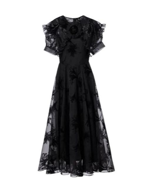 Rodarte Black Ruffled Floral Organza Midi Dress