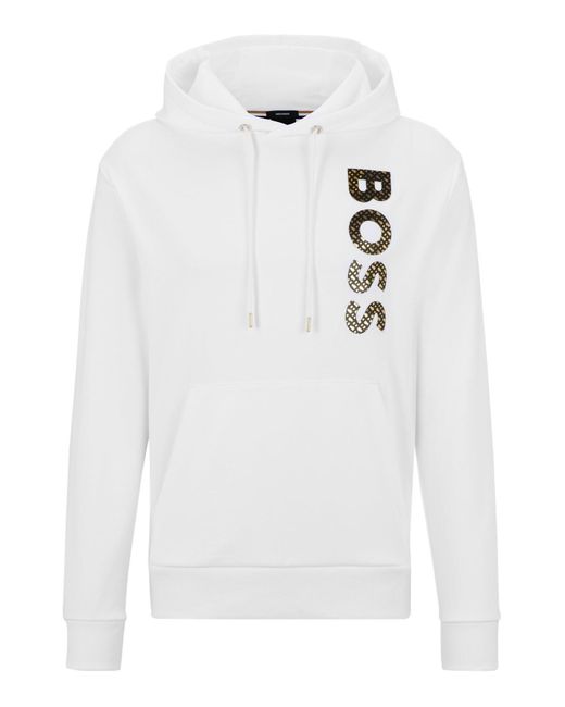 Boss White Logo-Print Cotton Hoodie for men