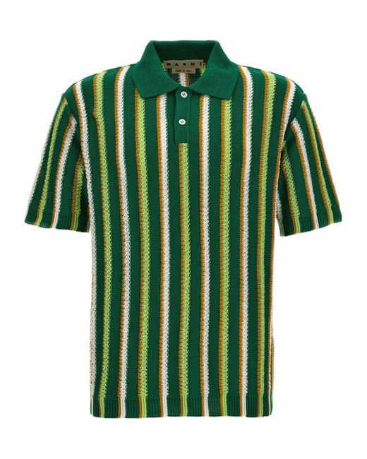 Marni Green Striped Crocheted Polo Shirt for men