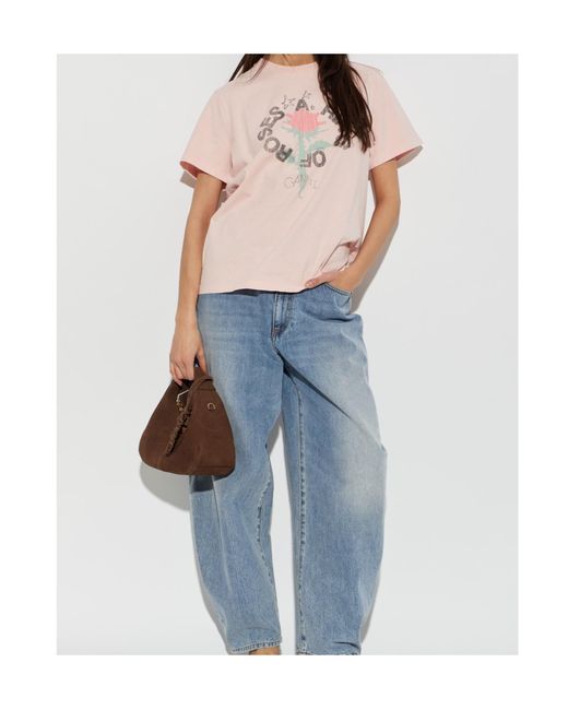 Ganni Pink Floral Printed Crewneck T-Shirt