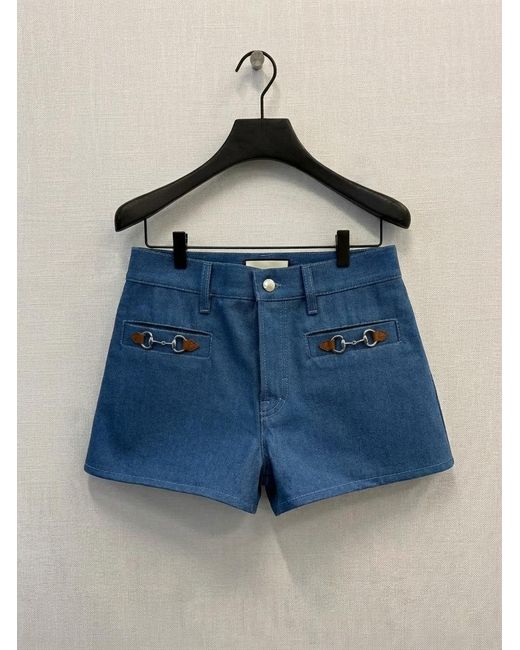 Gucci Blue Horsebit Detail Tonal Stitched Denim Shorts