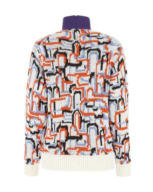 Prada White Abstract Pattern High-Neck Sweater