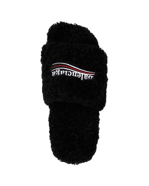 Balenciaga Black Logo Embroidered Furry Slide Sandals