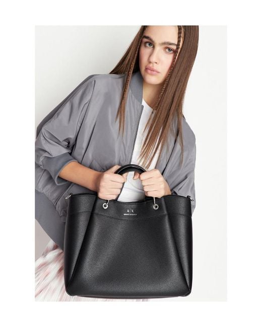 ARMANI EXCHANGE Black Logo-Print Leather Tote