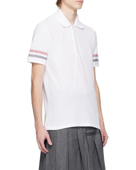 Thom Browne White Logo Patch Striped Polo Shirt for men