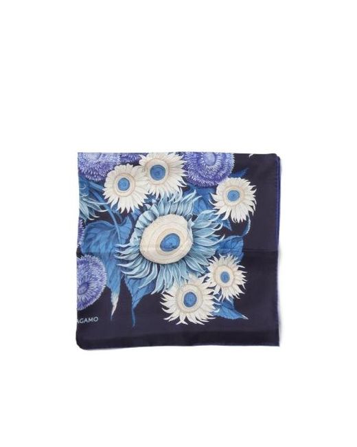 Ferragamo Blue Ferragamo Sunflower Printed Finished Edge Scarf