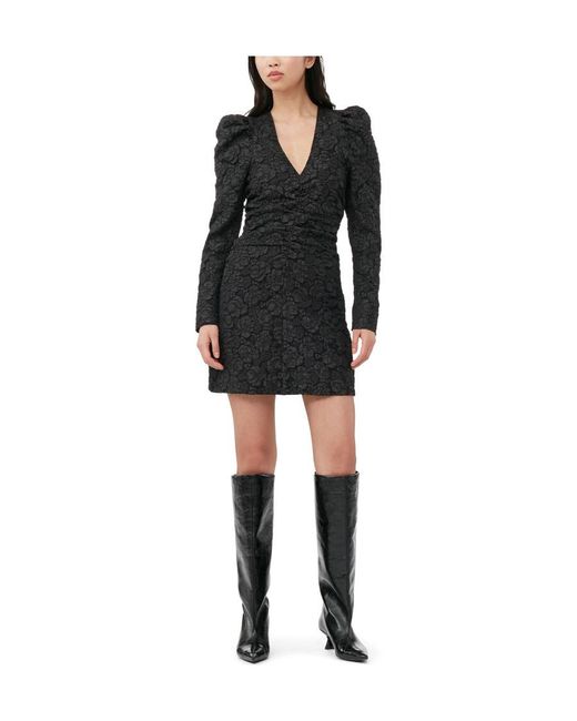 Ganni Black Jacquard V-Neck Mini Dress
