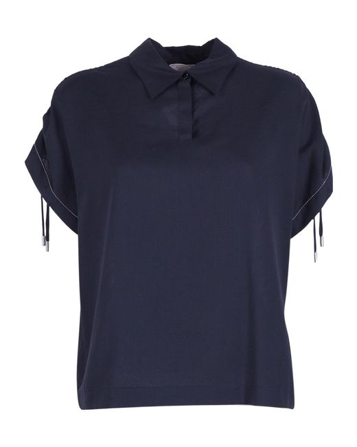 Peserico Blue Short-Sleeve Drawstring-Cuff Blouse