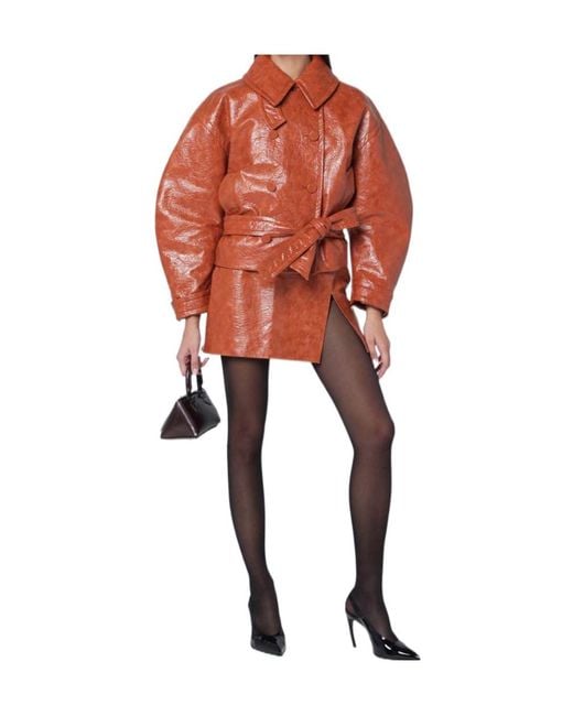 ANDAMANE Red Tan Leather-Effect Belted Jacket