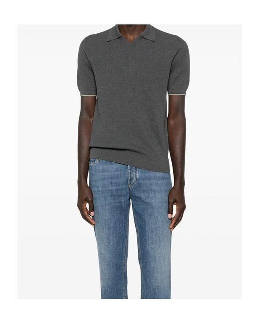 Brunello Cucinelli Gray V-Neck Knitted T-Shirt for men