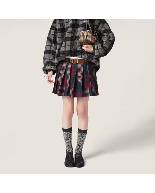 Miu Miu Red Pleated Plaid Patchwork Miniskirt