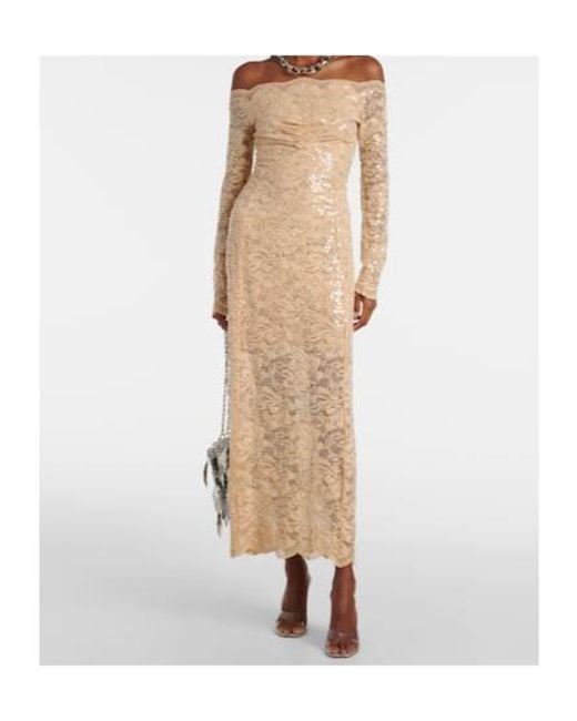 Rabanne Natural Sequined Off-Shoulder Lace Maxi Dress