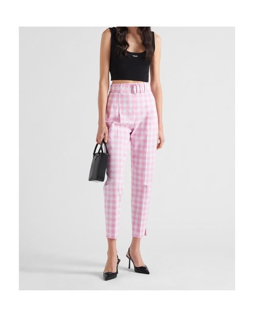 Prada Checked Belted Trousers in Pink | Lyst