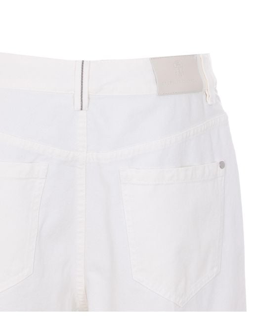 Brunello Cucinelli White Logo Patch Straight-Leg Trousers