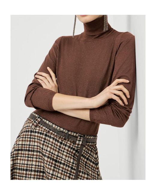 Brunello Cucinelli Brown Sparkling Cashmere And Silk Lightweight Turtleneck Sweater