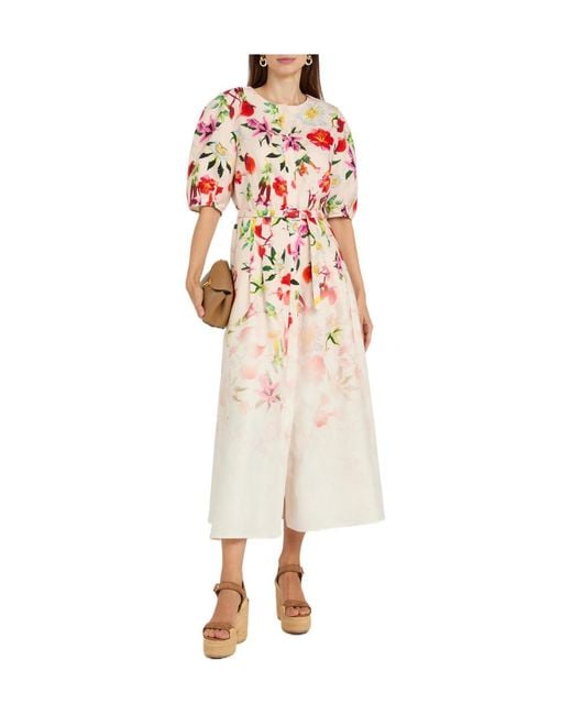 Gabriela Hearst White Belted Floral-Print Linen Midi Dress