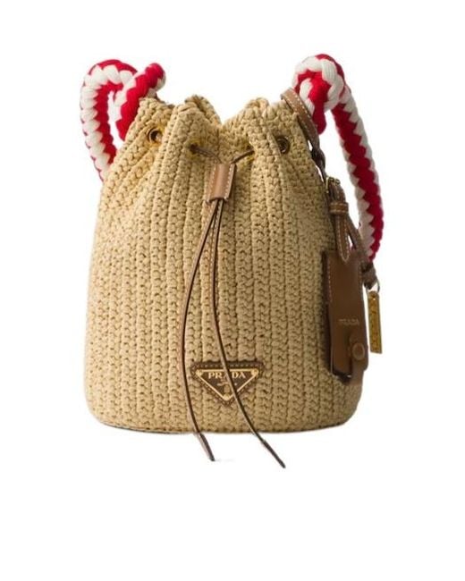 Prada Natural Woven Drawstring Bucket Bag